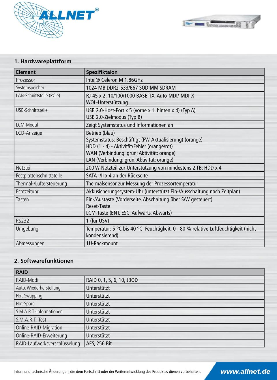 0-Zielmodus (Typ B) LCM-Modul Zeigt Systemstatus und Informationen an LCD-Anzeige Betrieb (blau) Systemstatus: Beschäftigt (FW-Aktualisierung) (orange) HDD (1-4) - Aktivität/Fehler (orange/rot) WAN