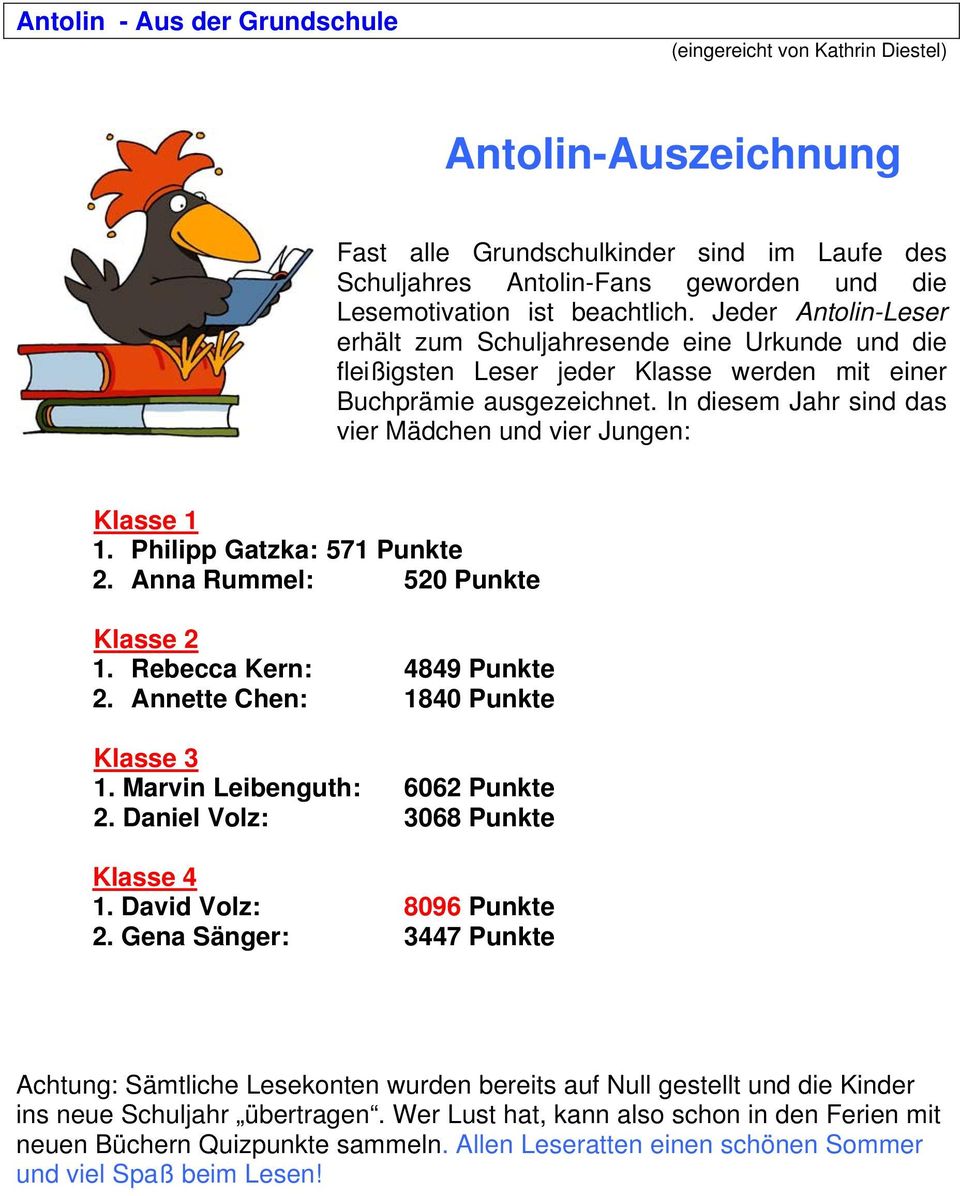 In diesem Jahr sind das vier Mädchen und vier Jungen: Klasse 1 1. Philipp Gatzka: 571 Punkte 2. Anna Rummel: 520 Punkte Klasse 2 1. Rebecca Kern: 4849 Punkte 2. Annette Chen: 1840 Punkte Klasse 3 1.