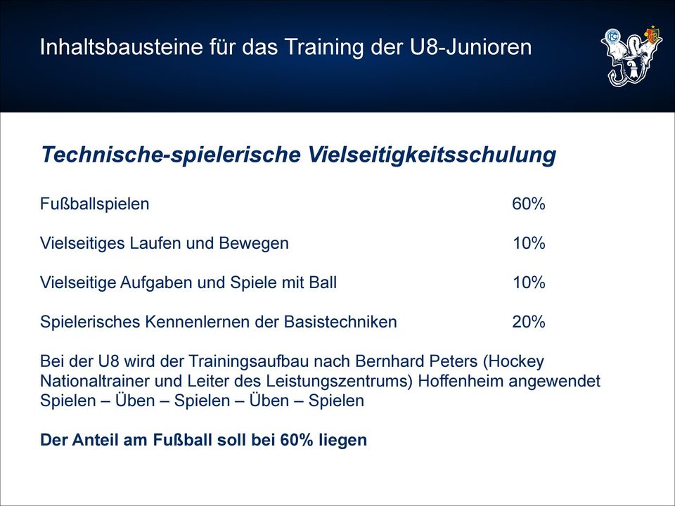 der Basistechniken 20% Bei der U8 wird der Trainingsaufbau nach Bernhard Peters (Hockey Nationaltrainer und Leiter