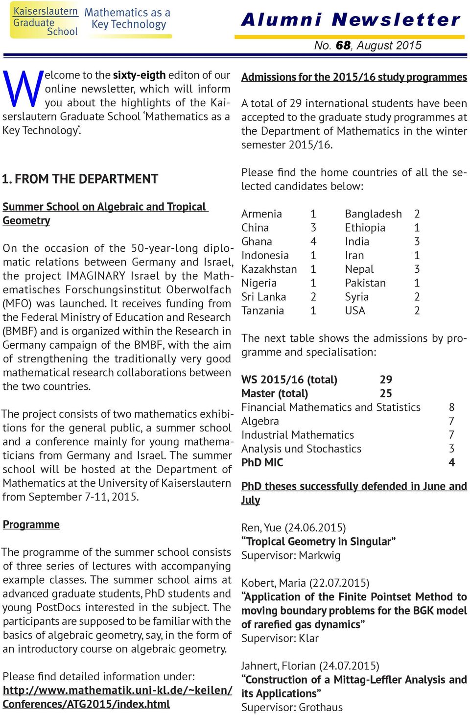 Admissions for the 2015/16 study programmes A total of 29 international students have been accepted to the graduate study programmes at the Department of Mathematics in the winter semester 2015/16. 1.