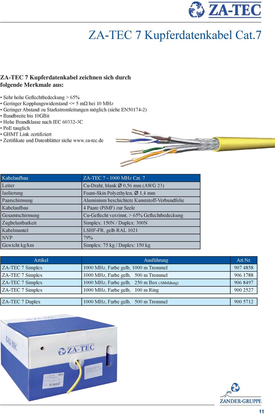 möglich (siehe EN50174-2) Bandbreite bis 10GBit Hohe Brandklasse nach IEC 60332-3C PoE tauglich GHMT Link zertifiziert Zertifikate und Datenblätter siehe www.za-tec.