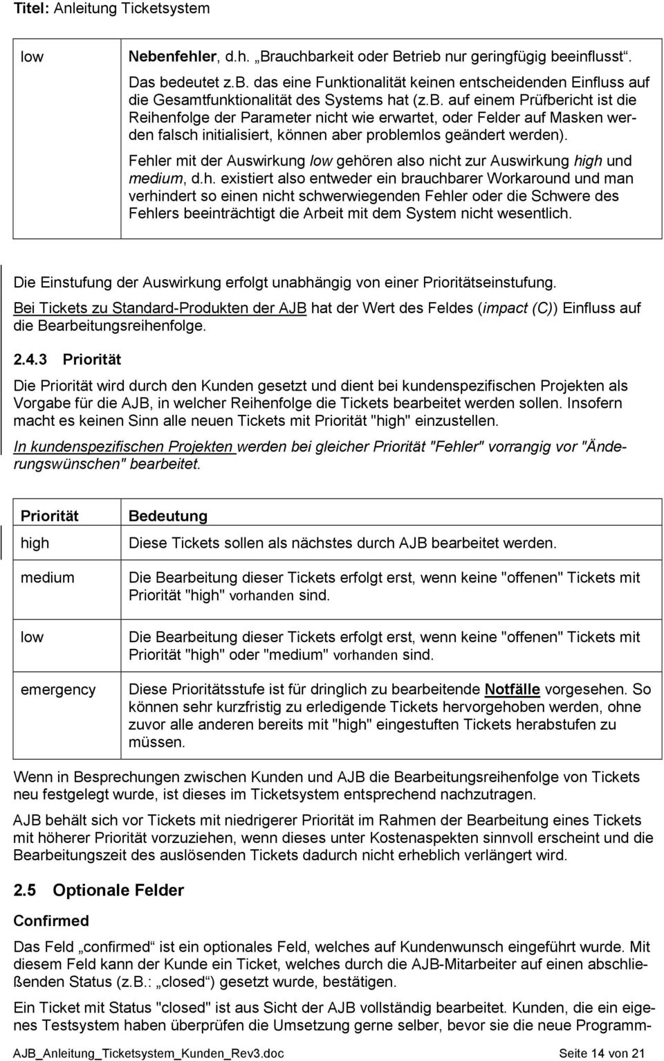 Fehler mit der Auswirkung low gehören also nicht zur Auswirkung high und medium, d.h. existiert also entweder ein brauchbarer Workaround und man verhindert so einen nicht schwerwiegenden Fehler oder die Schwere des Fehlers beeinträchtigt die Arbeit mit dem System nicht wesentlich.