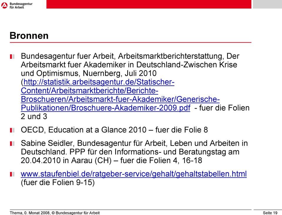 pdf - fuer die Folien 2 und 3 OECD, Education at a Glance 2010 fuer die Folie 8 Sabine Seidler, Bundesagentur für Arbeit, Leben und Arbeiten in Deutschland.