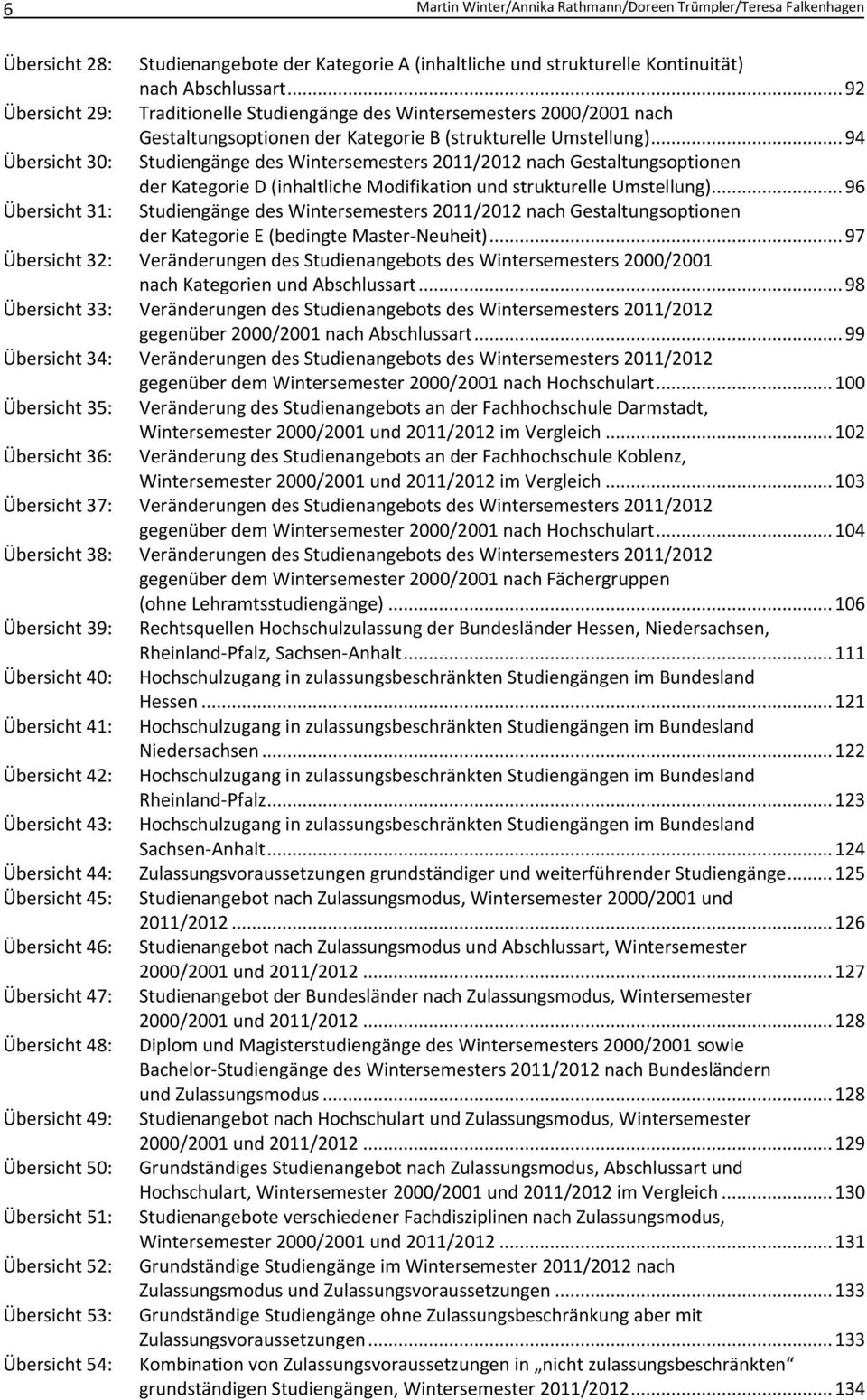.. 94 Übersicht 30: Studiengänge des Wintersemesters 2011/2012 nach Gestaltungsoptionen der Kategorie D (inhaltliche Modifikation und strukturelle Umstellung).