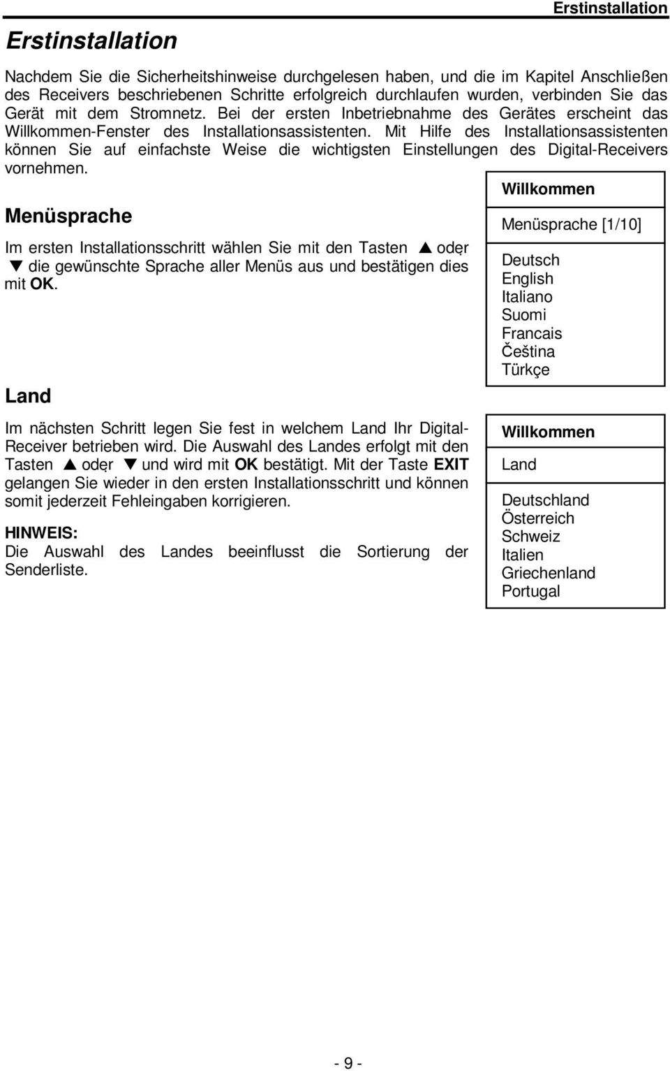 Mit Hilfe des Installationsassistenten können Sie auf einfachste Weise die wichtigsten Einstellungen des Digital-Receivers vornehmen.