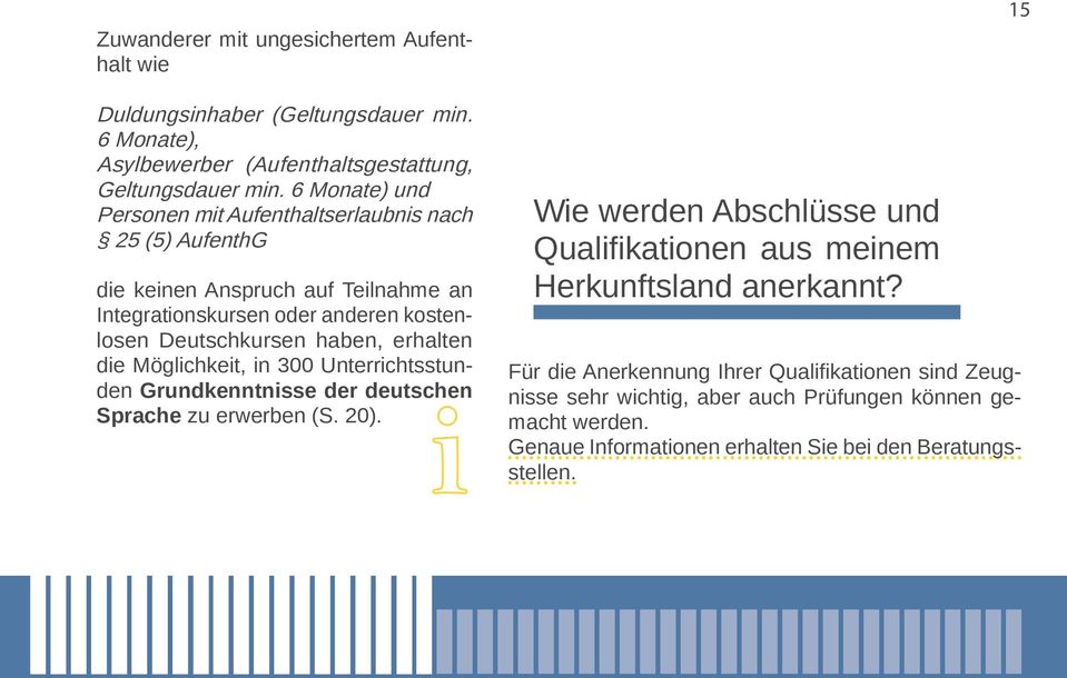 erhalten die Möglichkeit, in 300 Unterrichtsstunden Grundkenntnisse der deutschen Sprache zu erwerben (S. 20).