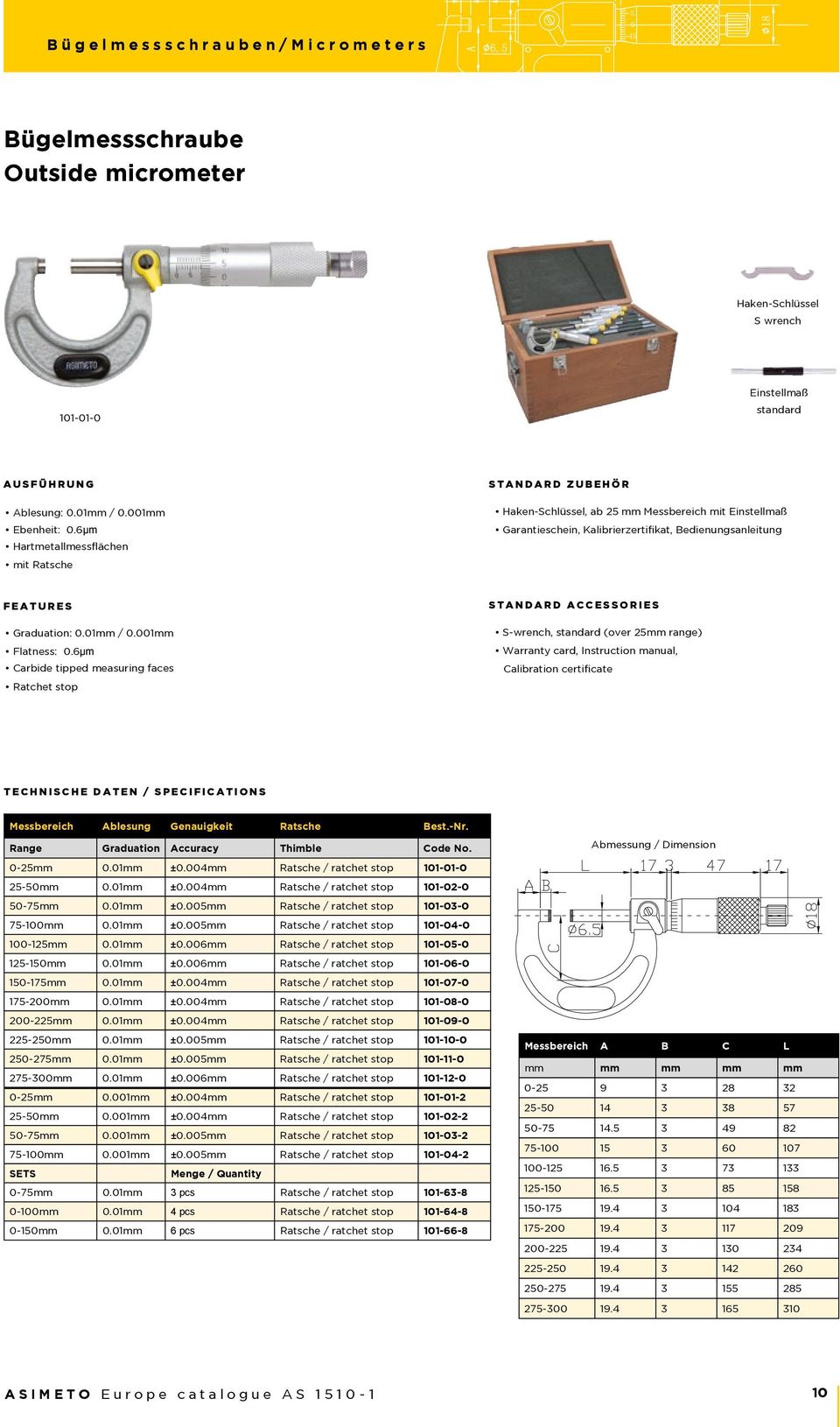 6μm Carbide tipped measuring faces Ratchet stop S-wrench, standard (over 25mm range) Warranty card, Instruction manual, Calibration certificate Messbereich Ablesung Genauigkeit Ratsche Best.-Nr.