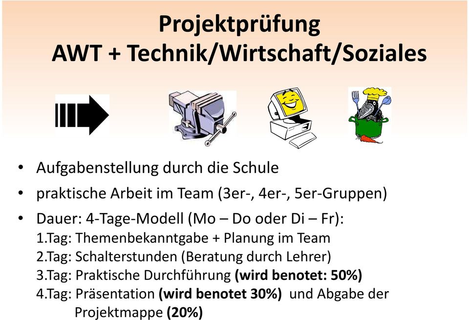 Tag: Themenbekanntgabe + Planung im Team 2.Tag: Schalterstunden (Beratung durch Lehrer) 3.