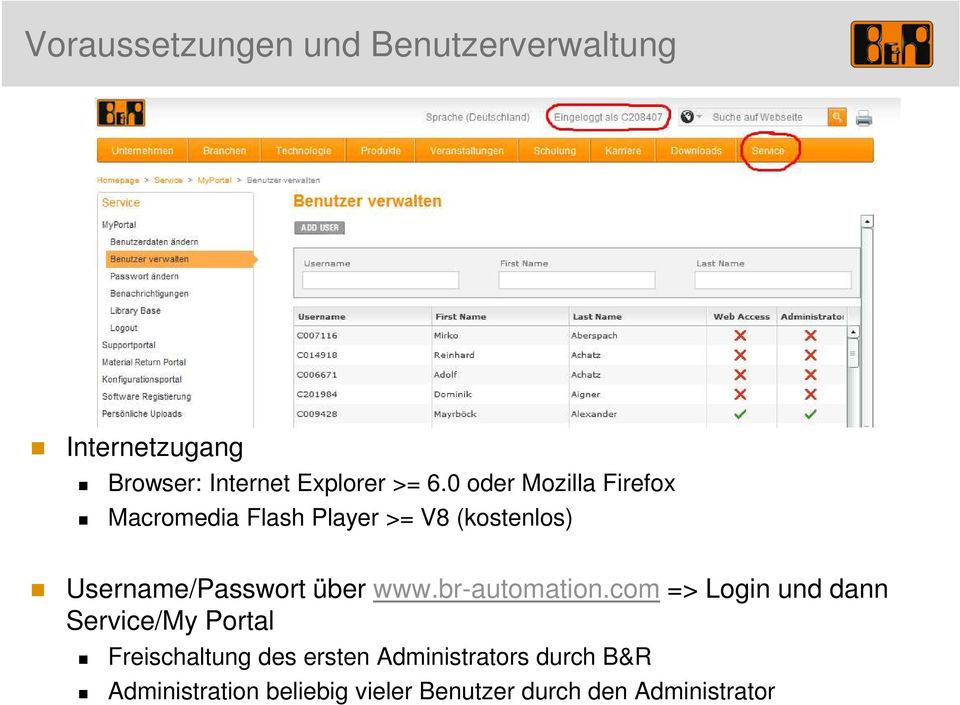 0 oder Mozilla Firefox Macromedia Flash Player >= V8 (kostenlos) Username/Passwort über www.br-automation.
