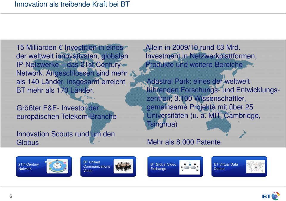 Größter F&E- Investor der europäischen Telekom-Branche Innovation Scouts rund um den Globus Allein in 2009/10 rund 3 Mrd.