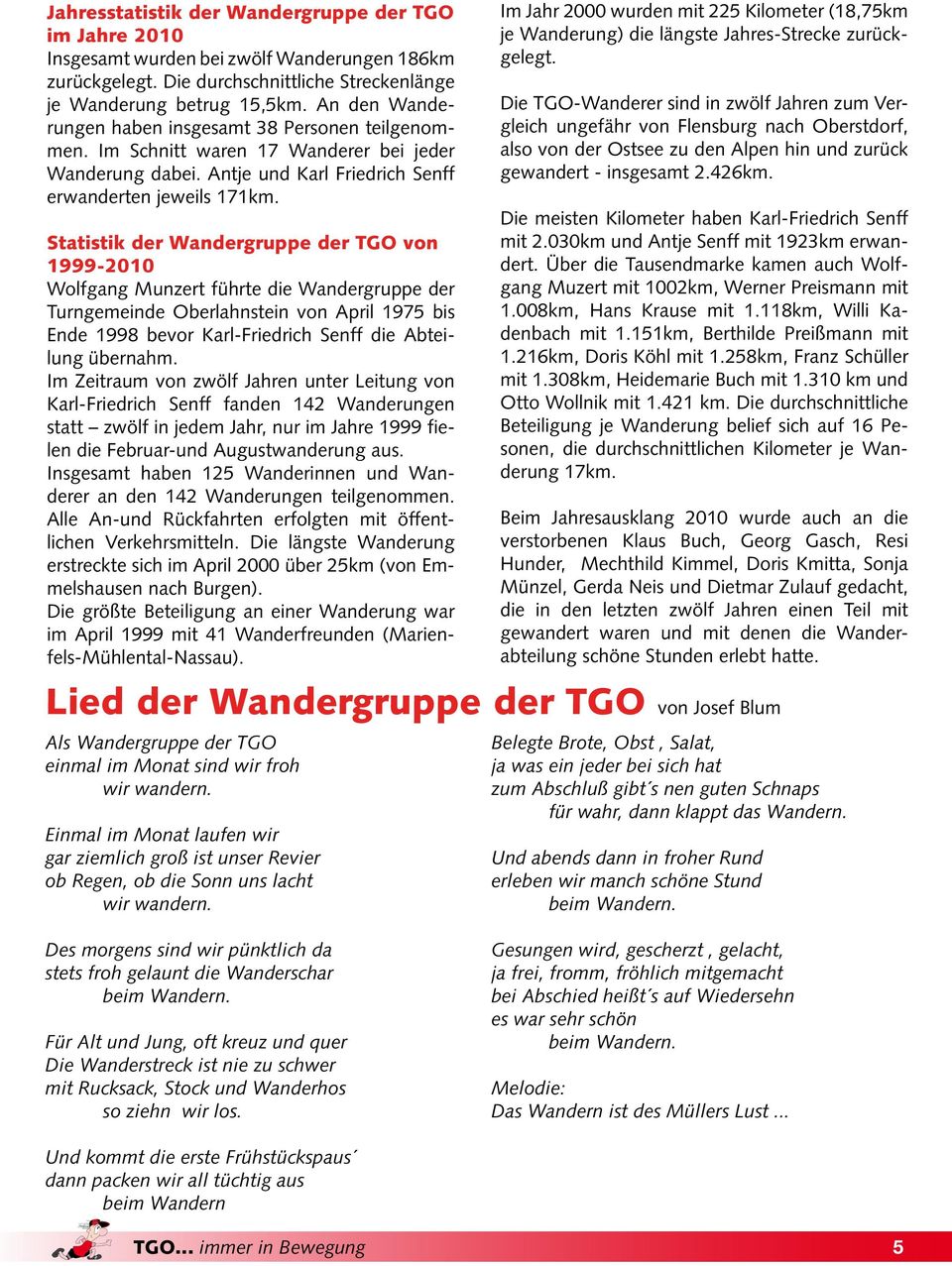 Statistik der Wandergruppe der TGO von 1999-2010 Wolfgang Munzert führte die Wandergruppe der Turngemeinde Oberlahnstein von April 1975 bis Ende 1998 bevor Karl-Friedrich Senff die Abteilung übernahm.