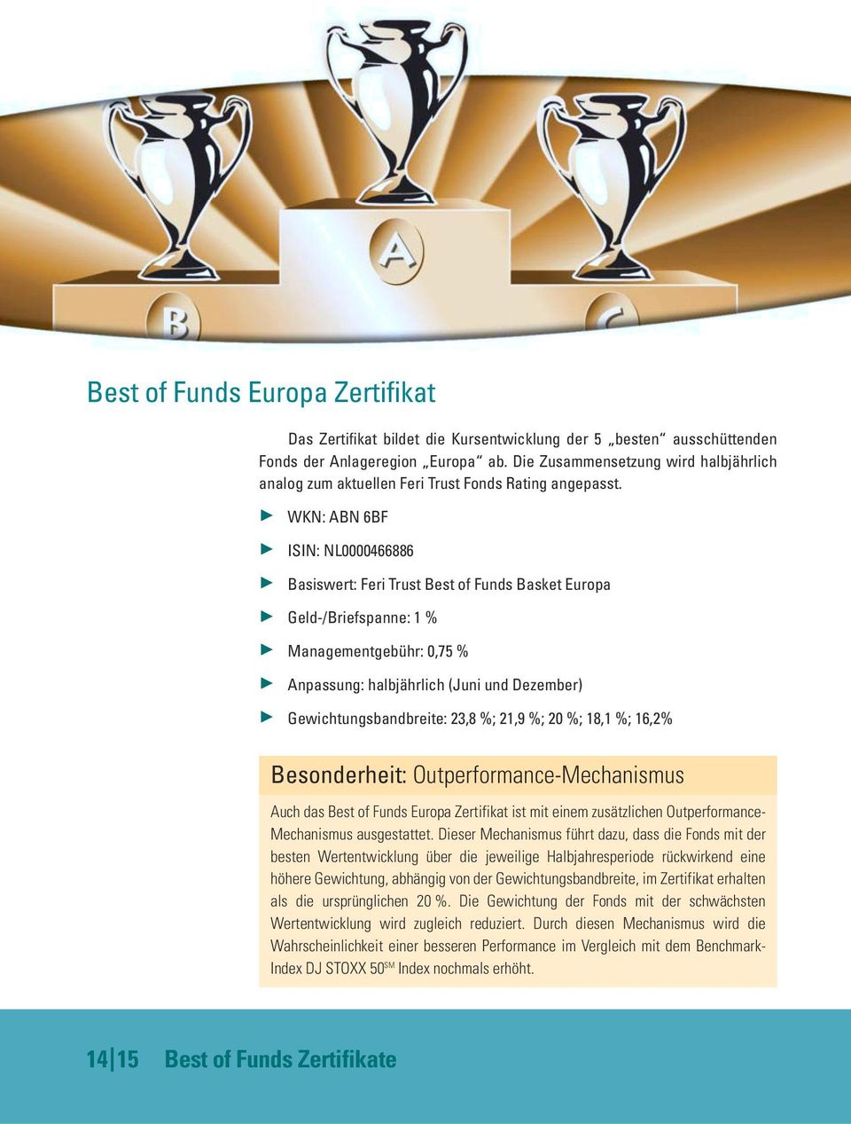 3 WKN: ABN 6BF 3 ISIN: NL0000466886 3 Basiswert: Feri Trust Best of Funds Basket Europa 3 Geld-/Briefspanne: 1 % 3 Managementgebühr: 0,75 % 3 Anpassung: halbjährlich (Juni und Dezember) 3