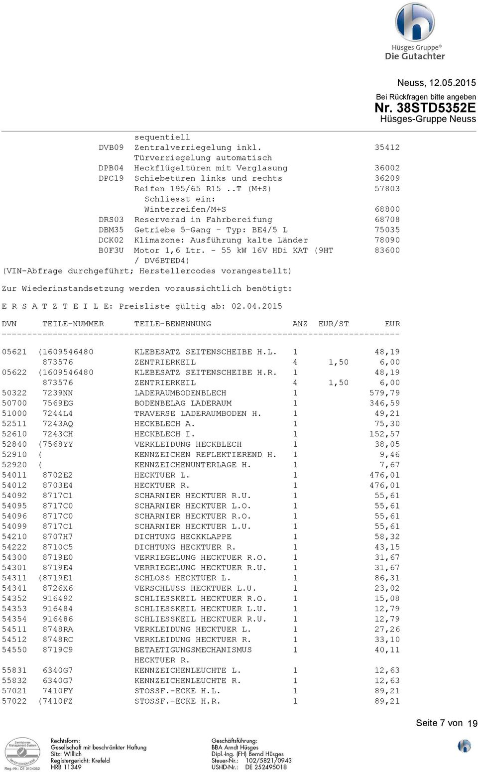 Ltr. - 55 kw 16V HDi KAT (9HT 83600 / DV6BTED4) (VIN-Abfrage durchgeführt; Herstellercodes vorangestellt) Zur Wiederinstandsetzung werden voraussichtlich benötigt: E R S A T Z T E I L E: Preisliste