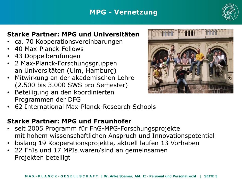 000 SWS pro Semester) Beteiligung an den koordinierten Programmen der DFG 62 International Max-Planck-Research Schools Starke Partner: MPG und Fraunhofer seit 2005 Programm für