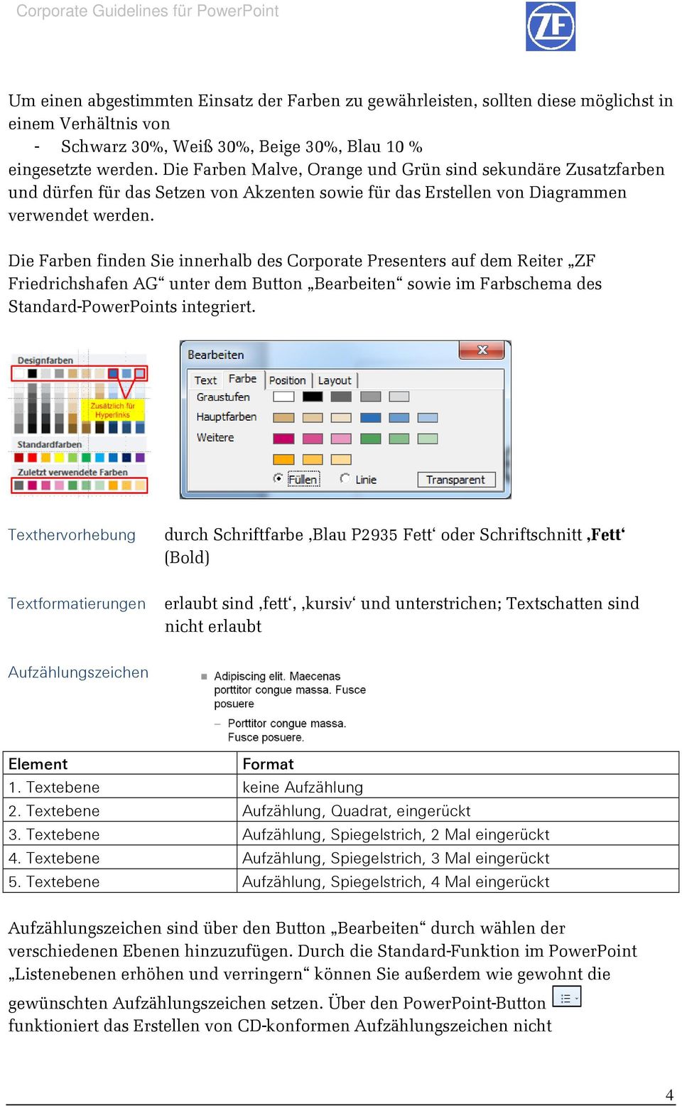 Die Farben finden Sie innerhalb des Corporate Presenters auf dem Reiter ZF Friedrichshafen AG unter dem Button Bearbeiten sowie im Farbschema des Standard-PowerPoints integriert.