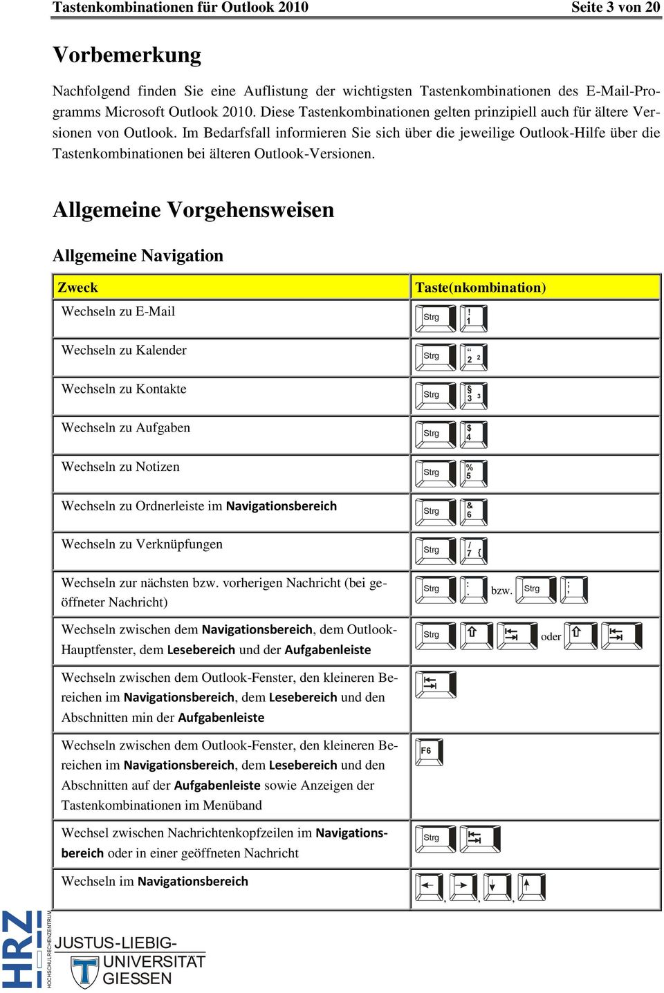 Im Bedarfsfall informieren Sie sich über die jeweilige Outlook-Hilfe über die Tastenkombinationen bei älteren Outlook-Versionen. Allgemeine Vorgehensweisen Allgemeine Navigation Wechseln zu E-Mail 1!