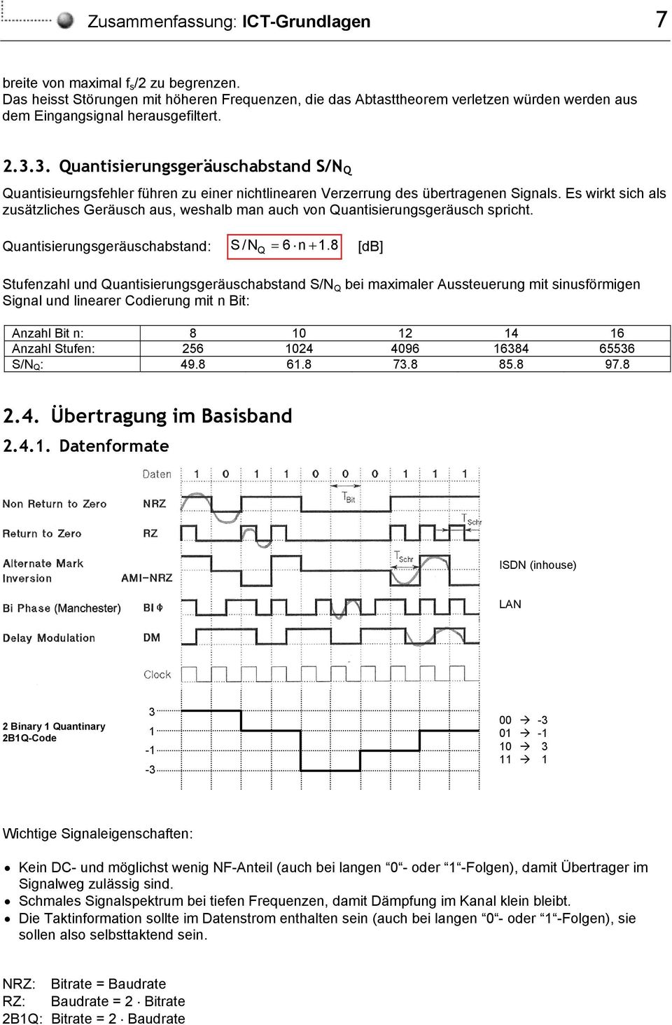 3. Quantisierungsgeräuschabstand S/N Q Quantisieurngsfehler führen zu einer nichtlinearen Verzerrung des übertragenen Signals.