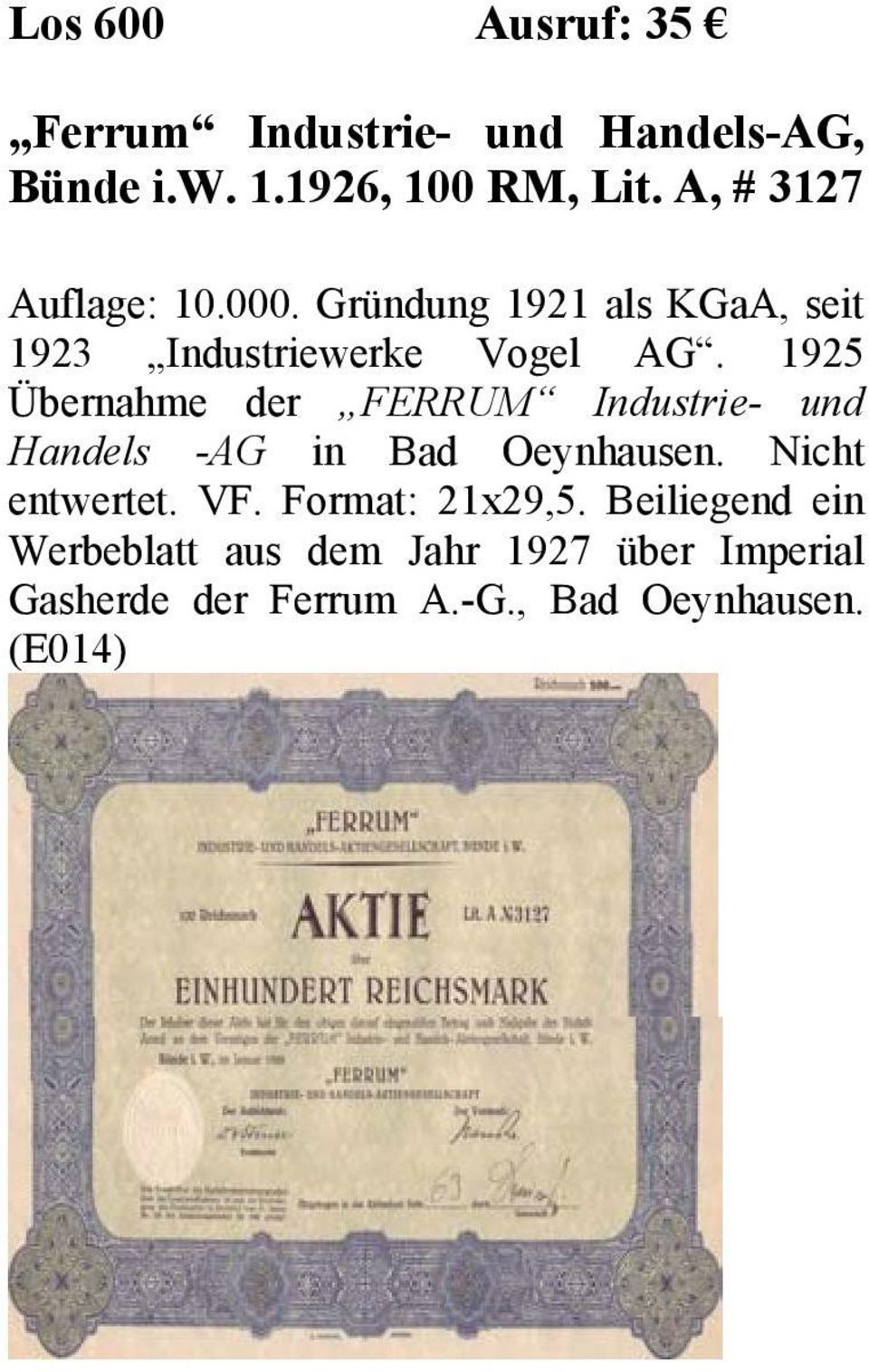 1925 Übernahme der FERRUM Industrie- und Handels -AG in Bad Oeynhausen. Nicht entwertet. VF.