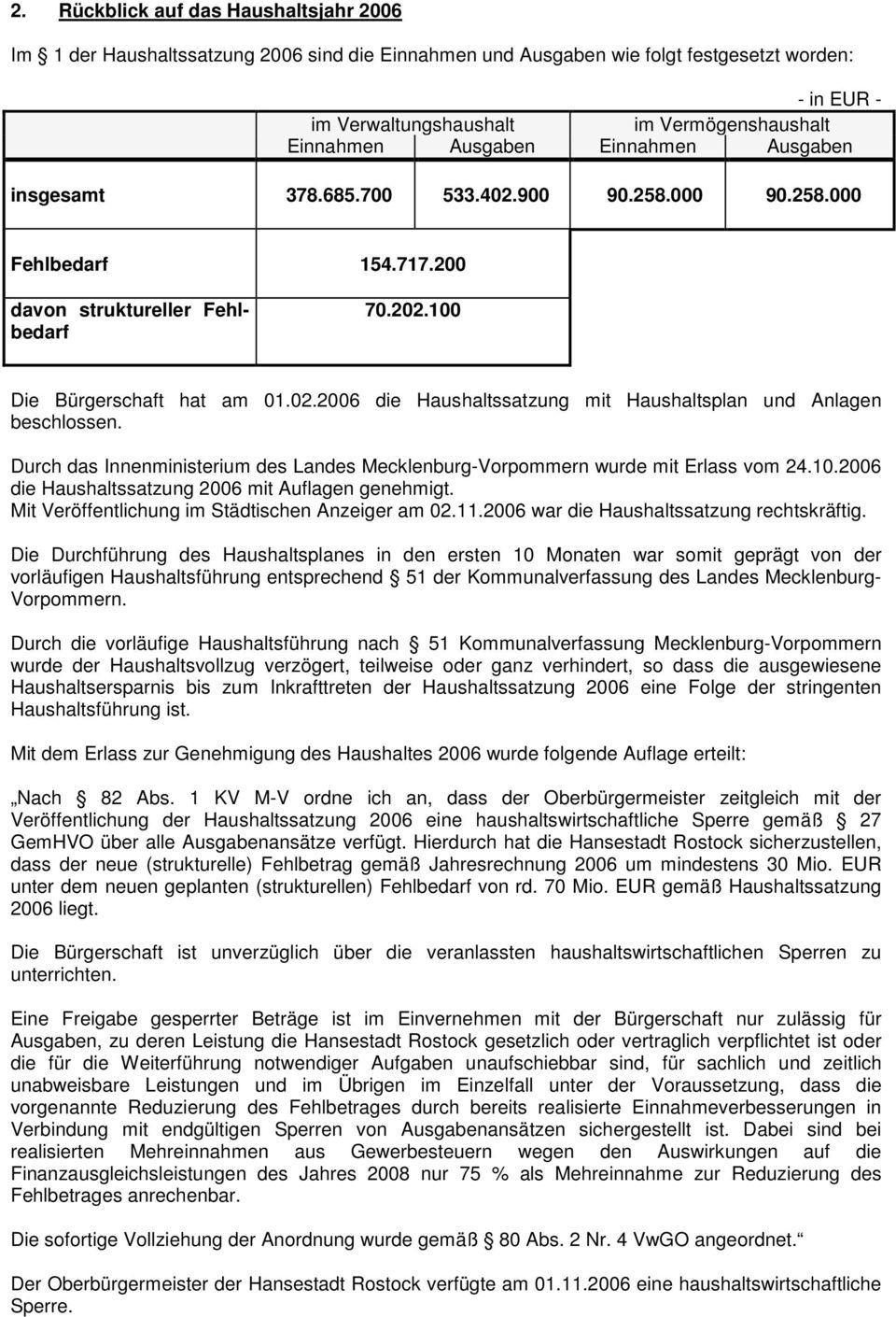 Durch das Innenministerium des Landes Mecklenburg-Vorpommern wurde mit Erlass vom 24.10.2006 die Haushaltssatzung 2006 mit Auflagen genehmigt. Mit Veröffentlichung im Städtischen Anzeiger am 02.11.