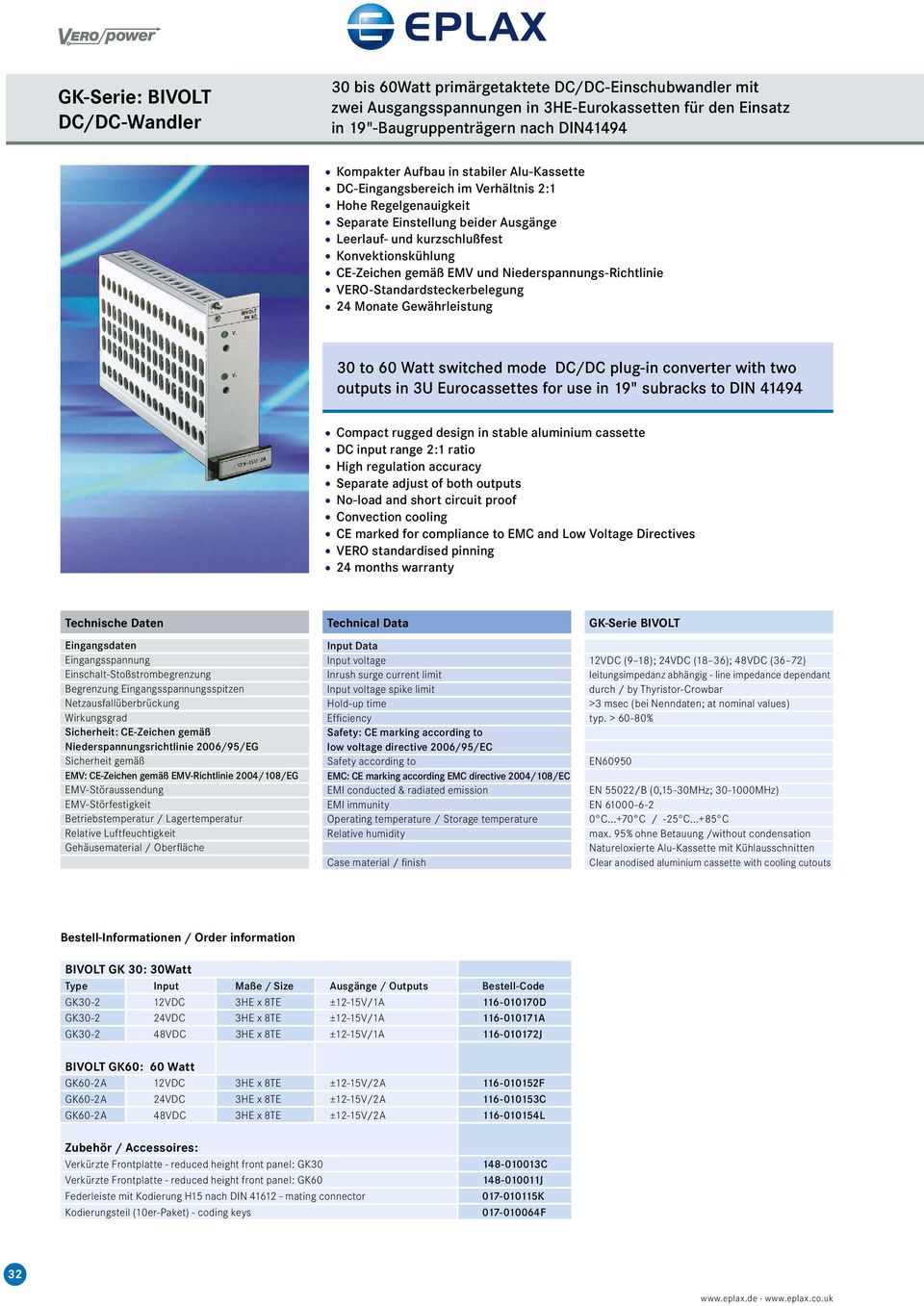 Niederspannungs-Richtlinie VERO-Standardsteckerbelegung 24 Monate Gewährleistung 30 to 60 Watt switched mode DC/DC plug-in converter with two outputs in 3U Eurocassettes for use in 19" subracks to