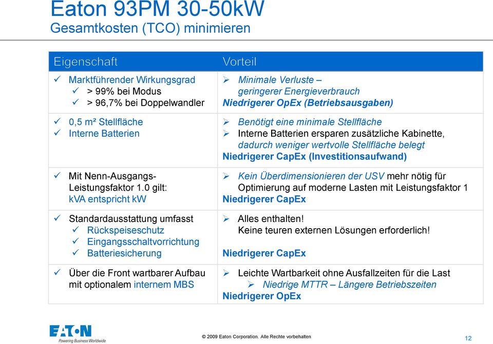 geringerer Energieverbrauch Niedrigerer OpEx (Betriebsausgaben) Benötigt eine minimale Stellfläche Interne Batterien ersparen zusätzliche Kabinette, dadurch weniger wertvolle Stellfläche belegt
