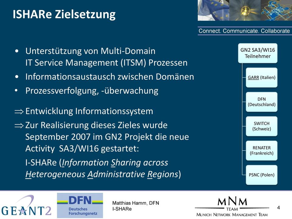 2007 im GN2 Projekt die neue Activity SA3/WI16 gestartet: I-SHARe (Information Sharing across Heterogeneous