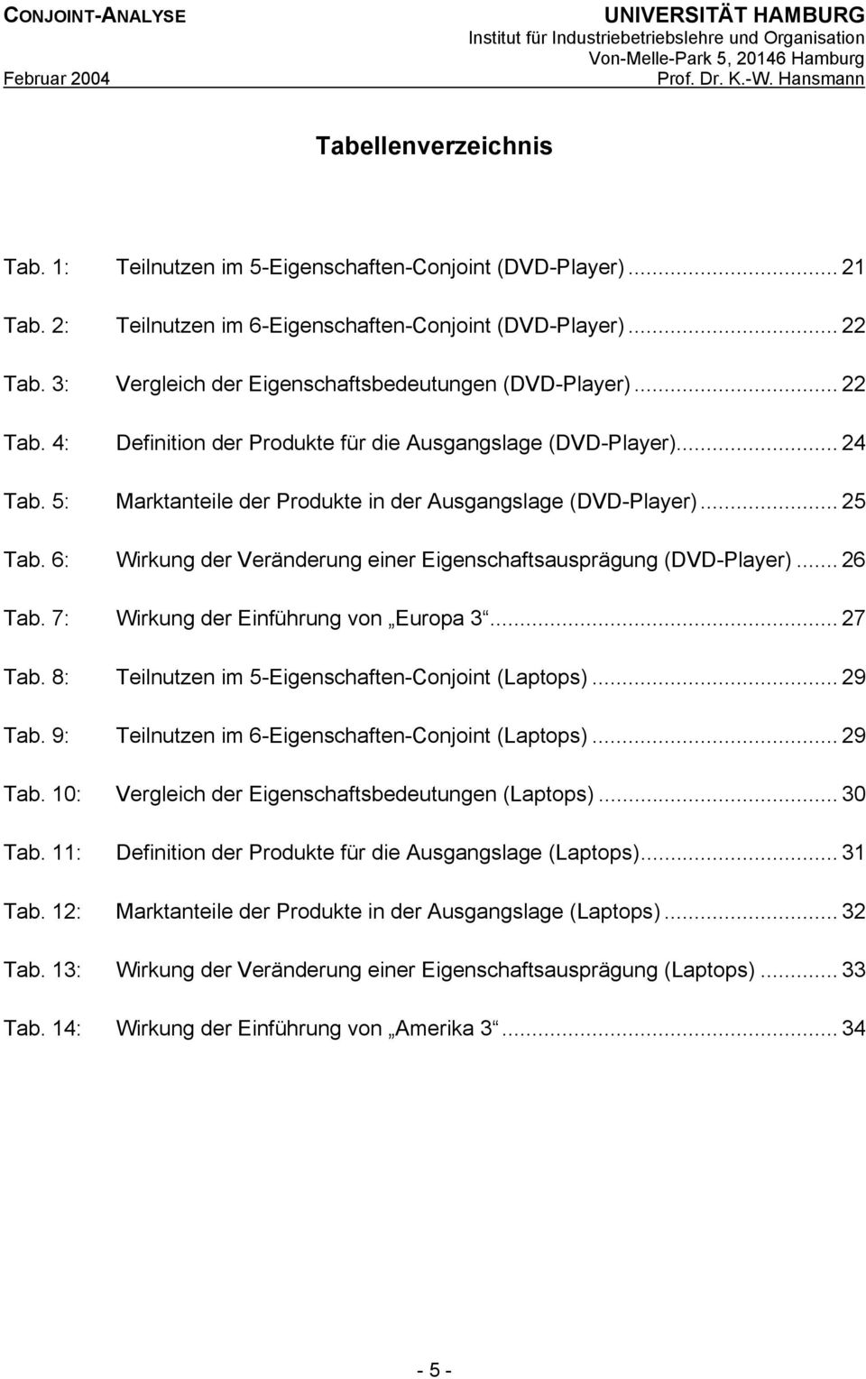 .. 25 Tab. 6: Wirkung der Veränderung einer Eigenschaftsausprägung (DVD-Player)... 26 Tab. 7: Wirkung der Einführung von Europa 3... 27 Tab. 8: Teilnutzen im 5-Eigenschaften-Conjoint (Laptops).