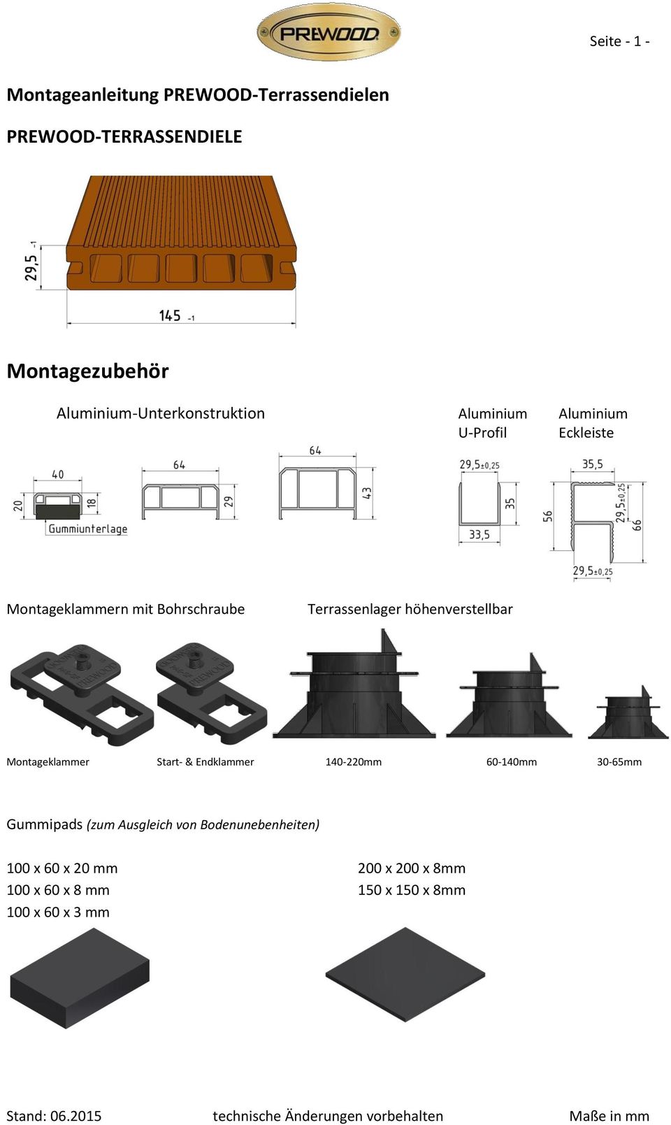 Terrassenlager höhenverstellbar Montageklammer Start- & Endklammer 140-220mm 60-140mm 30-65mm Gummipads