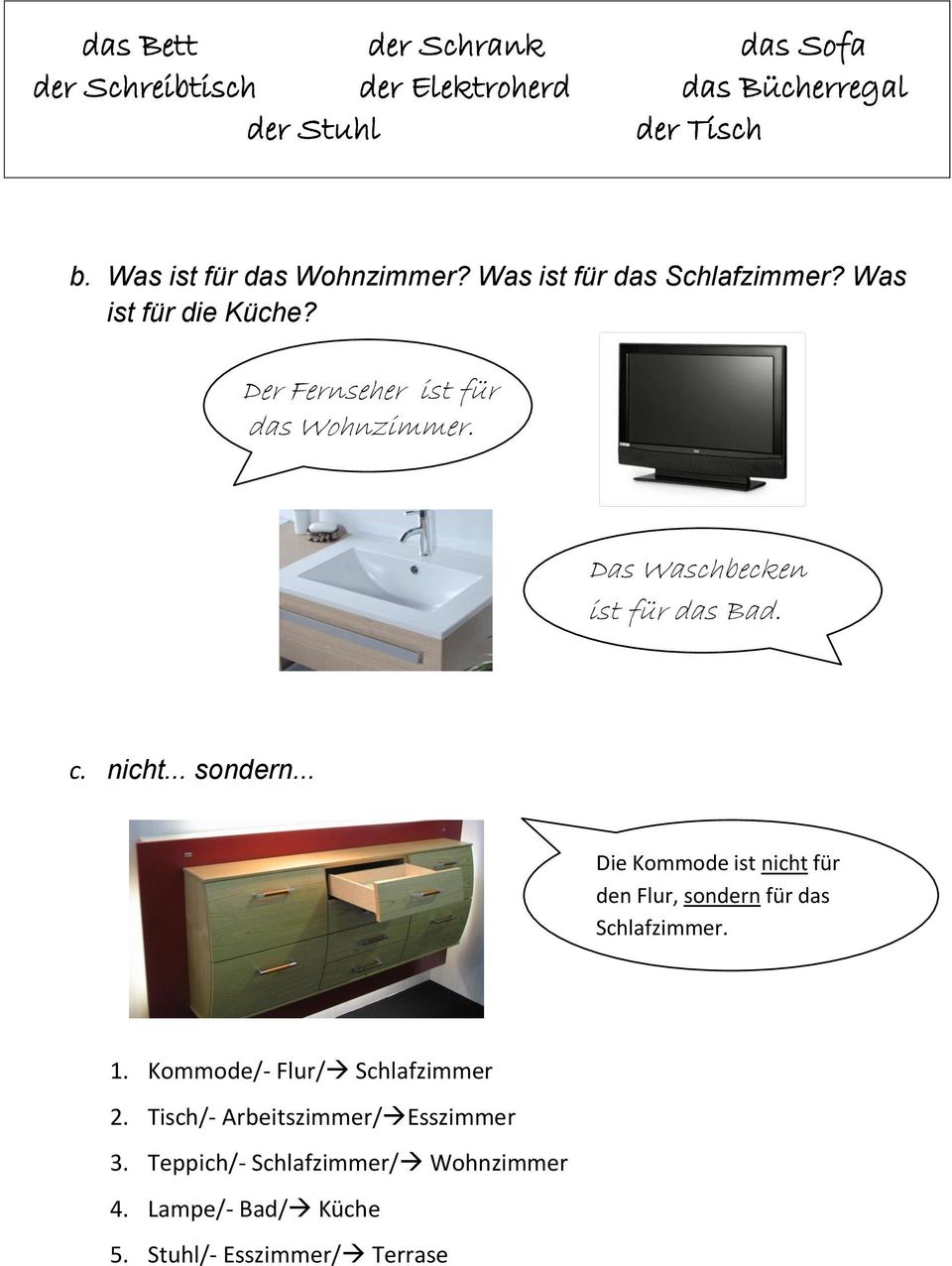 Das Waschbecken ist für das Bad. c. nicht... sondern... Die Kommode ist nicht für den Flur, sondern für das Schlafzimmer. 1.