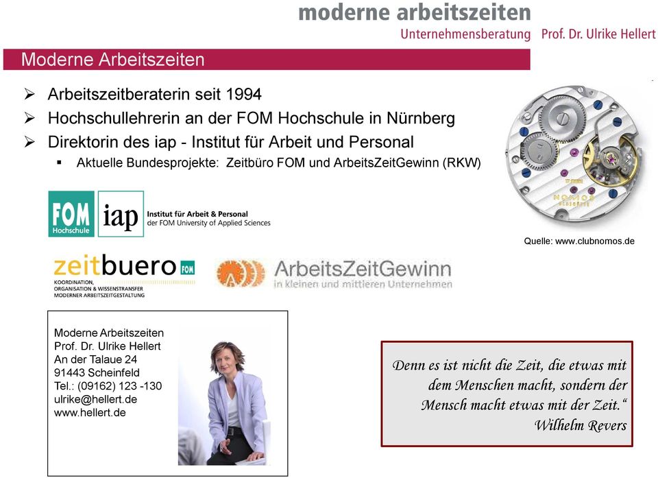 de Moderne Arbeitszeiten Prof. Dr. Ulrike Hellert An der Talaue 24 91443 Scheinfeld Tel.: (09162) 123-130 ulrike@hellert.