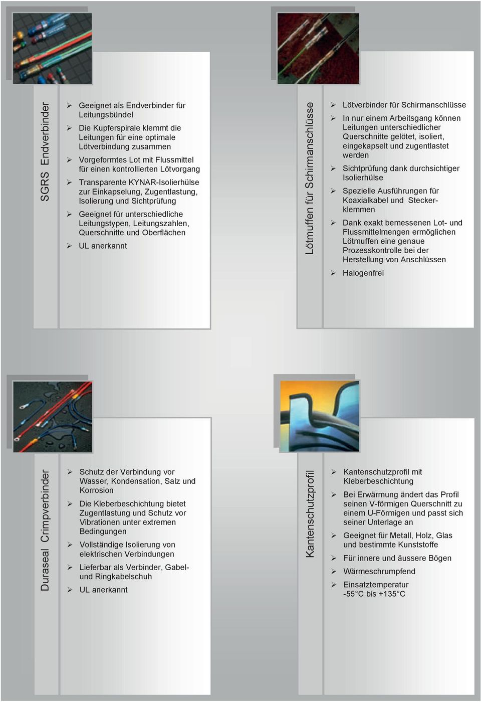 Oberflächen UL anerkannt Lötmuffen für Schirmanschlüsse Lötverbinder für Schirmanschlüsse In nur einem Arbeitsgang können Leitungen unterschiedlicher Querschnitte gelötet, isoliert, eingekapselt und