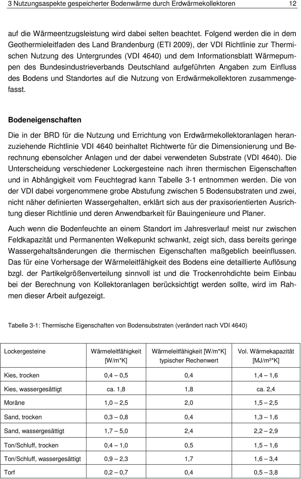 Bundesindustrieverbands Deutschland aufgeführten Angaben zum Einfluss des Bodens und Standortes auf die Nutzung von Erdwärmekollektoren zusammengefasst.