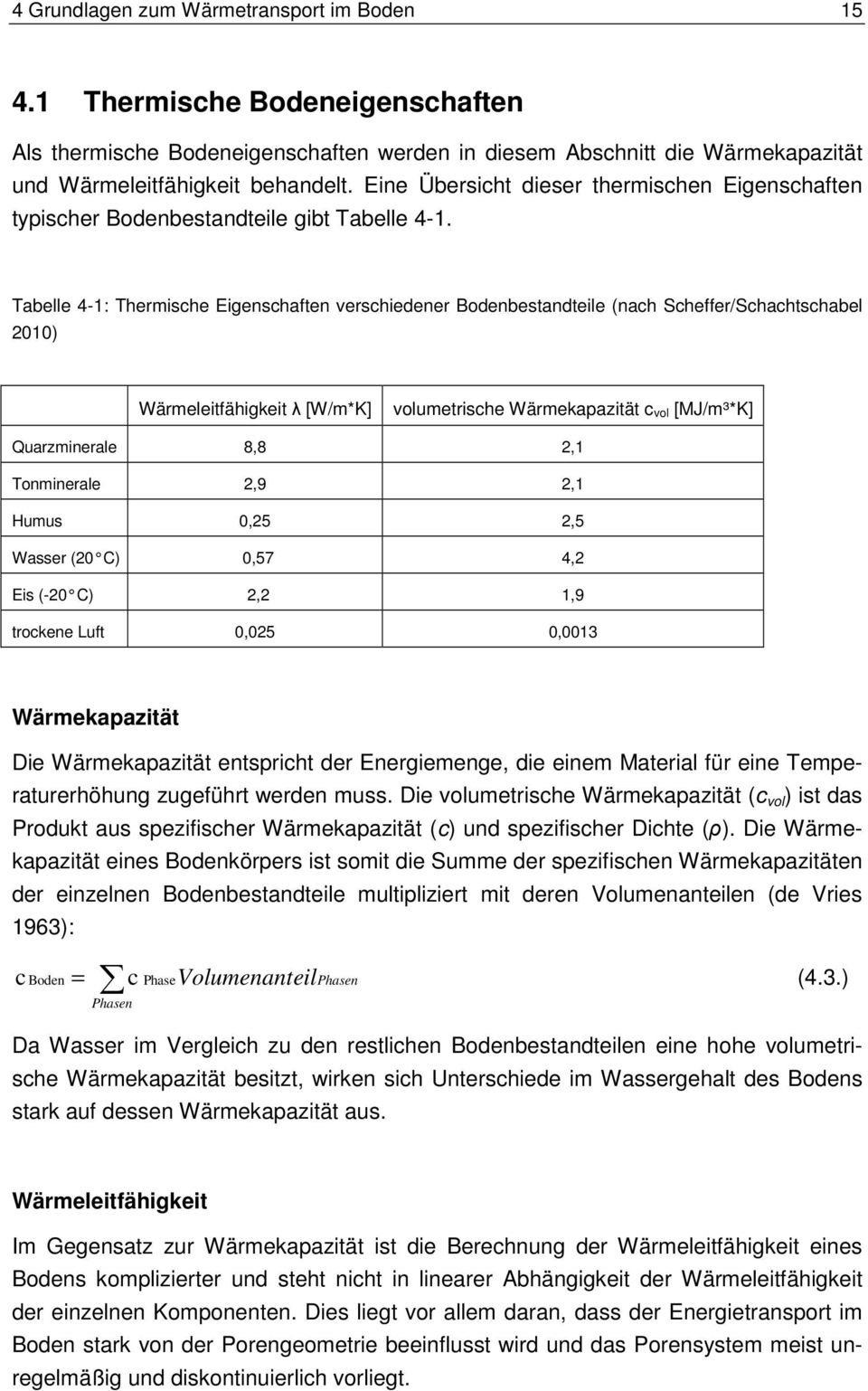 Tabelle 4-1: Thermische Eigenschaften verschiedener Bodenbestandteile (nach Scheffer/Schachtschabel 2010) Wärmeleitfähigkeit λ [W/m*K] volumetrische Wärmekapazität c vol [MJ/m³*K] Quarzminerale 8,8