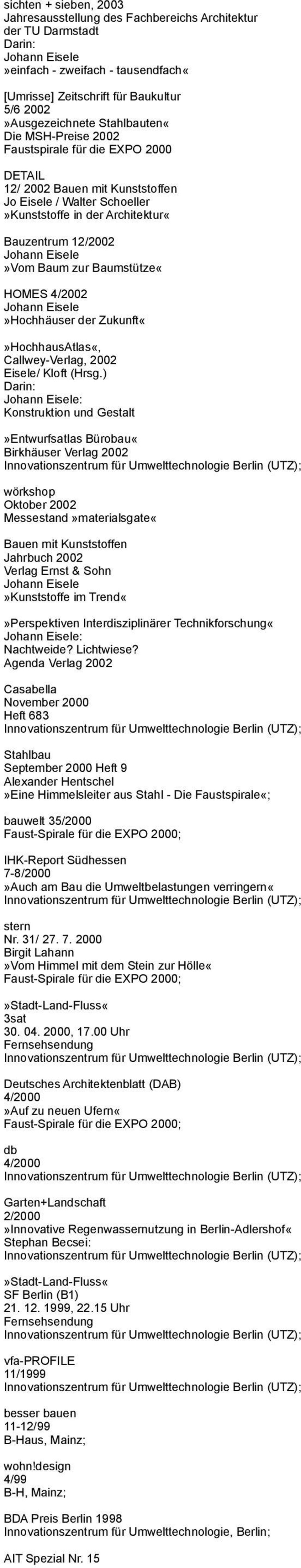 4/2002»Hochhäuser der ZukunftHochhausAtlas«, Callwey-Verlag, 2002 Eisele/ Kloft (Hrsg.