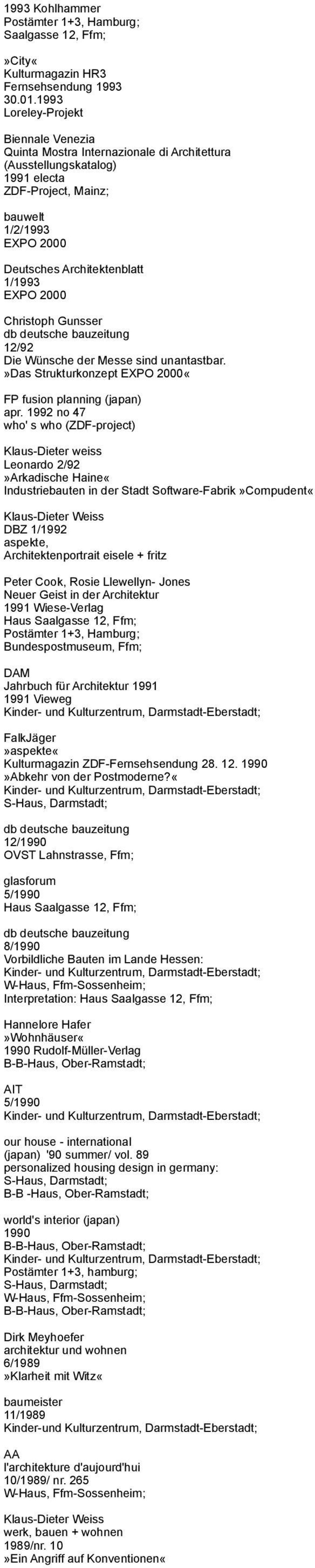 Christoph Gunsser db deutsche bauzeitung 12/92 Die Wünsche der Messe sind unantastbar.»das Strukturkonzept EXPO 2000«FP fusion planning (japan) apr.