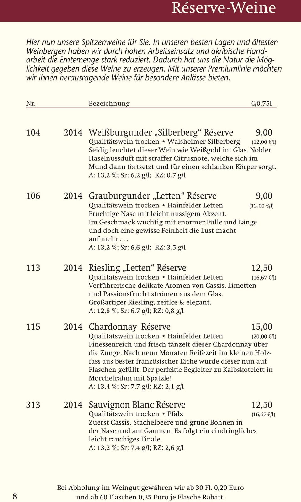 104 2014 Weißburgunder Silberberg Réserve 9,00 Qualitätswein trocken Walsheimer Silberberg (12,00 /l) Seidig leuchtet dieser Wein wie Weißgold im Glas.