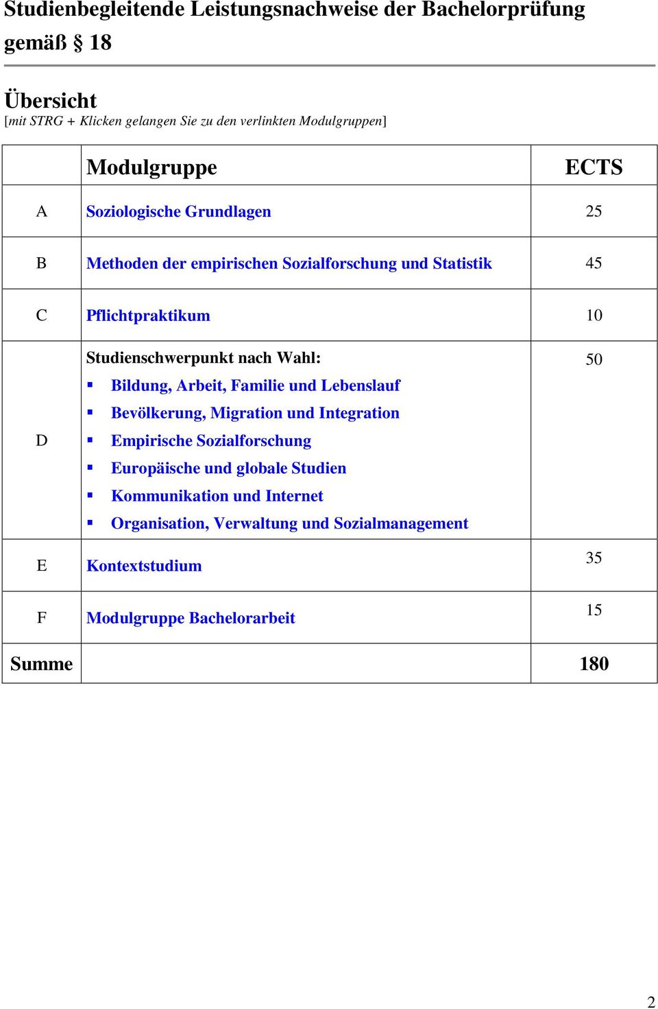 tudienschwerpunkt nach Wahl: Bildung, Arbeit, Familie und Lebenslauf Bevölkerung, Migration und Integration Empirische ozialforschung