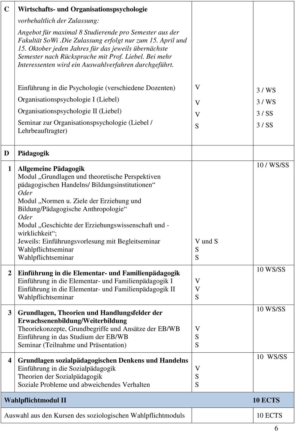 Einführung in die Psychologie (verschiedene Dozenten) Organisationspsychologie I (Liebel) Organisationspsychologie II (Liebel) eminar zur Organisationspsychologie (Liebel / Lehrbeauftragter) 3 / W 3