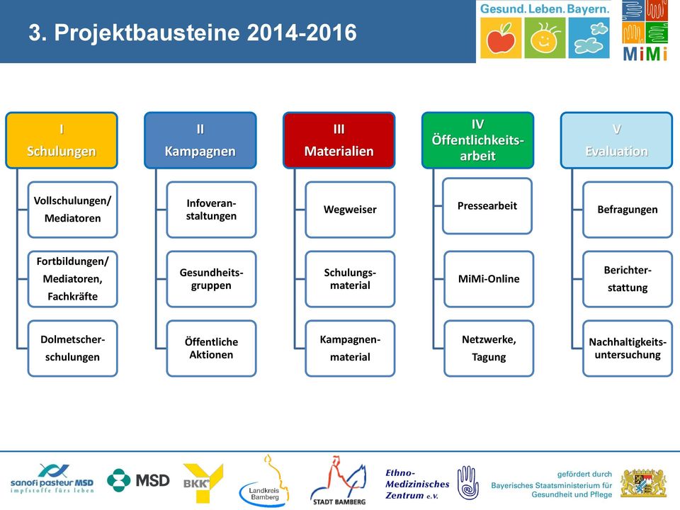 Fortbildungen/ Mediatoren, Fachkräfte Gesundheitsgruppen Schulungsmaterial MiMi-Online Berichter-