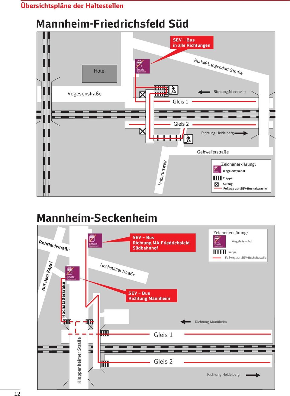 SEV-Bushaltestelle Mannheim-Seckenheim Rohrlachstraße SEV Bus Richtung MA-Friedrichsfeld Südbahnhof Zeichenerklärung: Wegeleitsymbol Treppe Fußweg