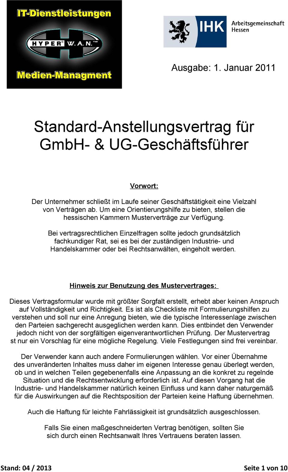 Standard Anstellungsvertrag Für Gmbh Ug Geschäftsführer Pdf