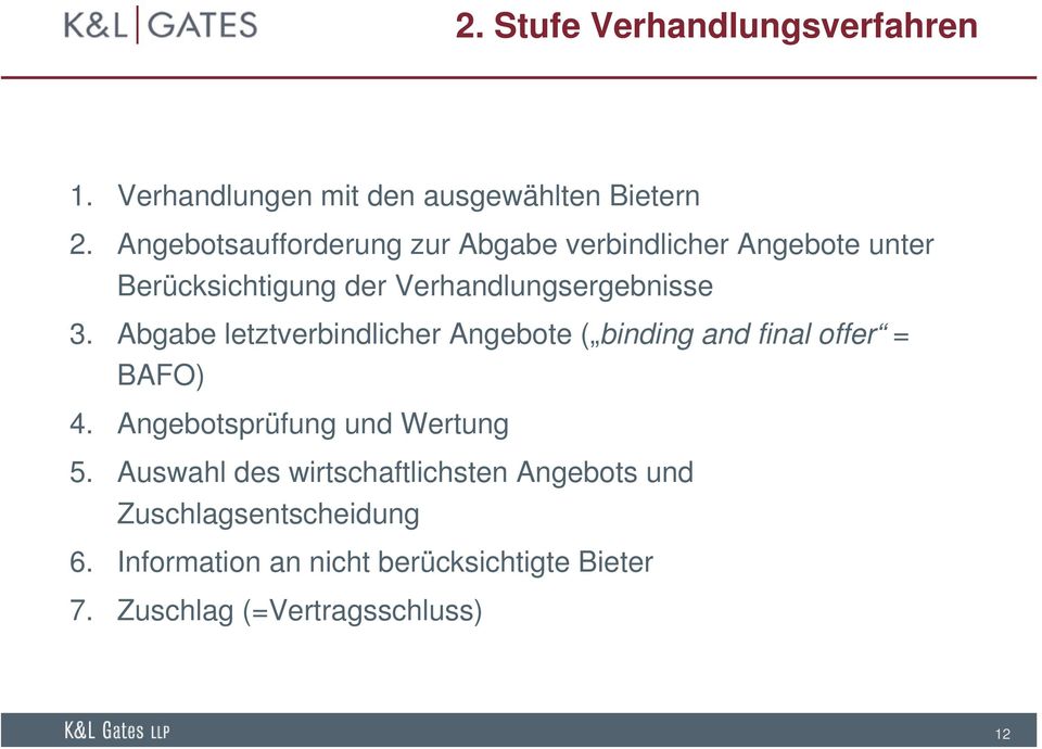 Abgabe letztverbindlicher Angebote ( binding and final offer = BAFO) 4. Angebotsprüfung und Wertung 5.