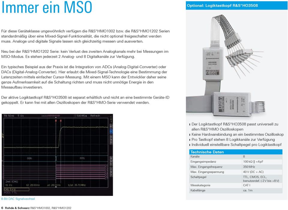 Neu bei der R&S HMO1202 Serie: kein Verlust des zweiten Analogkanals mehr bei Messungen im MSO-Modus. Es stehen jederzeit 2 Analog- und 8 Digitalkanäle zur Verfügung.