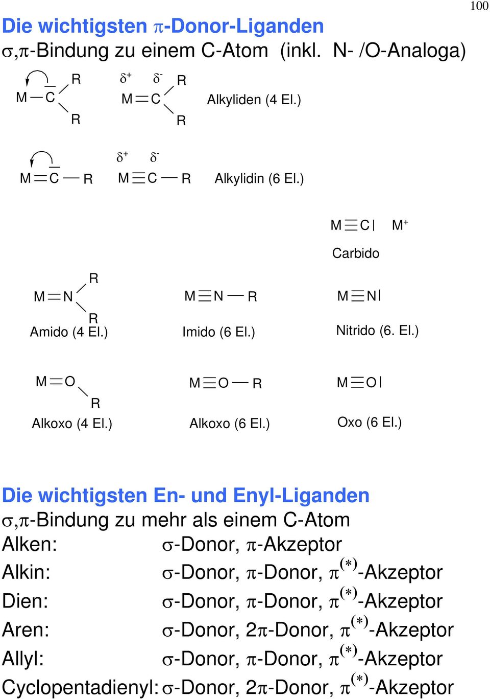 ) Die wichtigsten En- und Enyl-Liganden σ,π-bindung zu mehr als einem -Atom Alken: σ-donor, π-akzeptor Alkin: σ-donor, π-donor, π ( ) -Akzeptor
