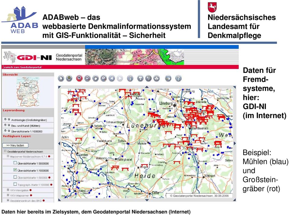 GDI-NI (im Internet) Beispiel: Mühlen (blau) und Großsteingräber