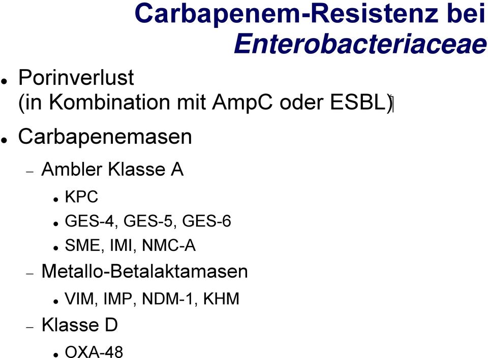 Carbapenemasen Ambler Klasse A KPC GES-4, GES-5, GES-6