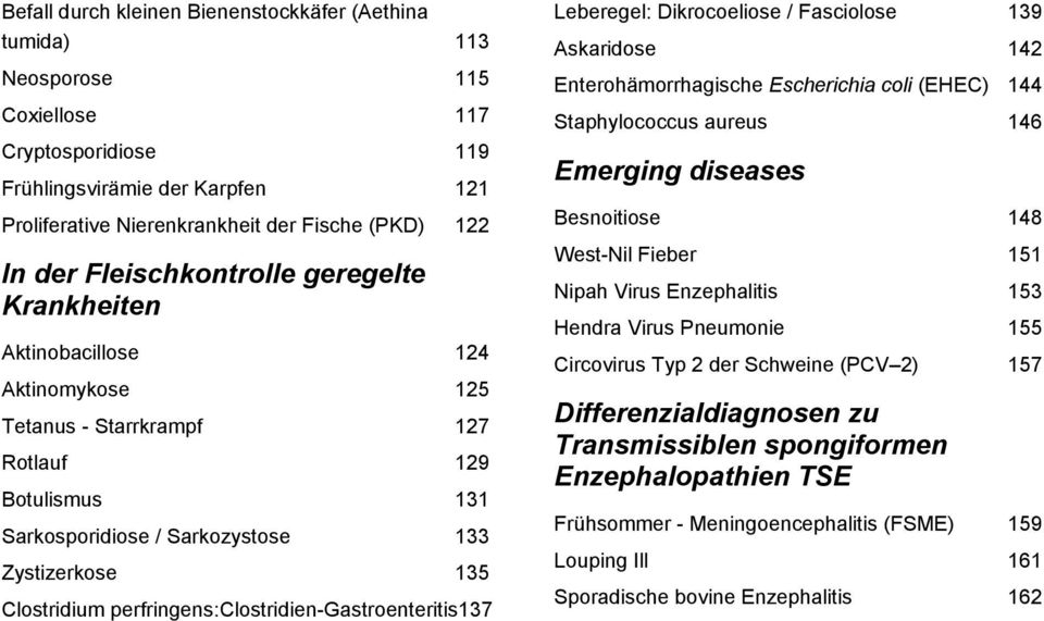 perfringens:clostridien-gastroenteritis137 Leberegel: Dikrocoeliose / Fasciolose 139 Askaridose 142 Enterohämorrhagische Escherichia coli (EHEC) 144 Staphylococcus aureus 146 Emerging diseases