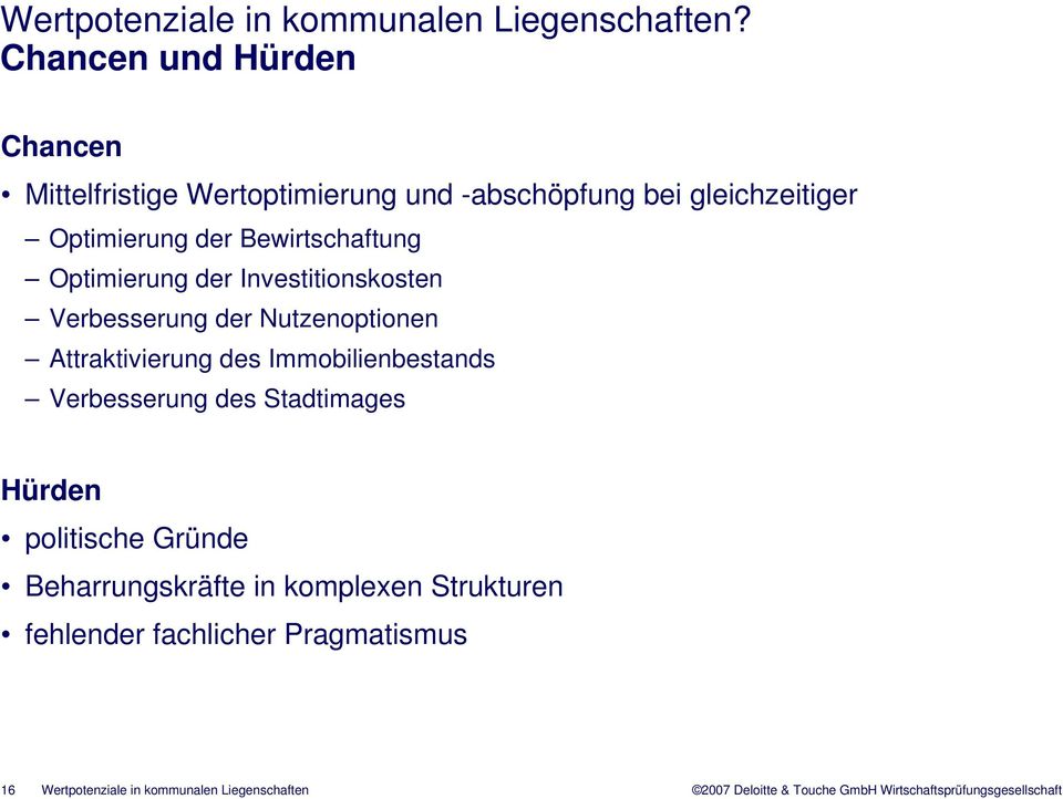 Bewirtschaftung Optimierung der Investitionskosten Verbesserung der Nutzenoptionen Attraktivierung des