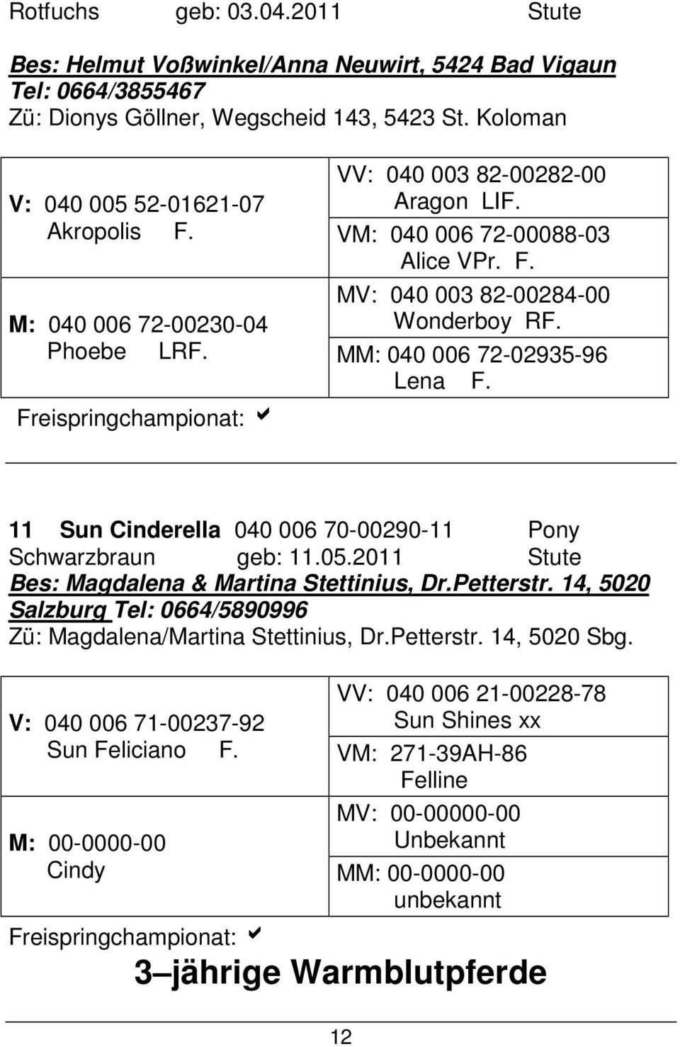 11 Sun Cinderella 040 006 70-00290-11 Pony Schwarzbraun geb: 11.05.2011 Stute Bes: Magdalena & Martina Stettinius, Dr.Petterstr.