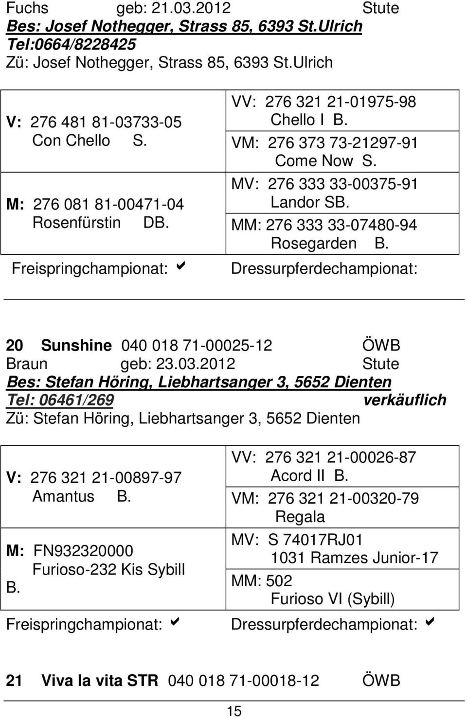 Dressurpferdechampionat: 20 Sunshine 040 018 71-00025-12 ضWB Braun geb: 23.03.